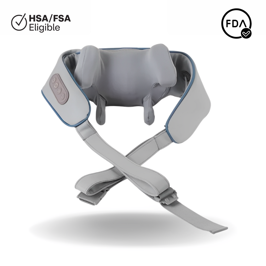 Gray TheraPexa neck and shoulder massager with ergonomic design, adjustable straps, and a visible 60-day satisfaction guarantee badge.