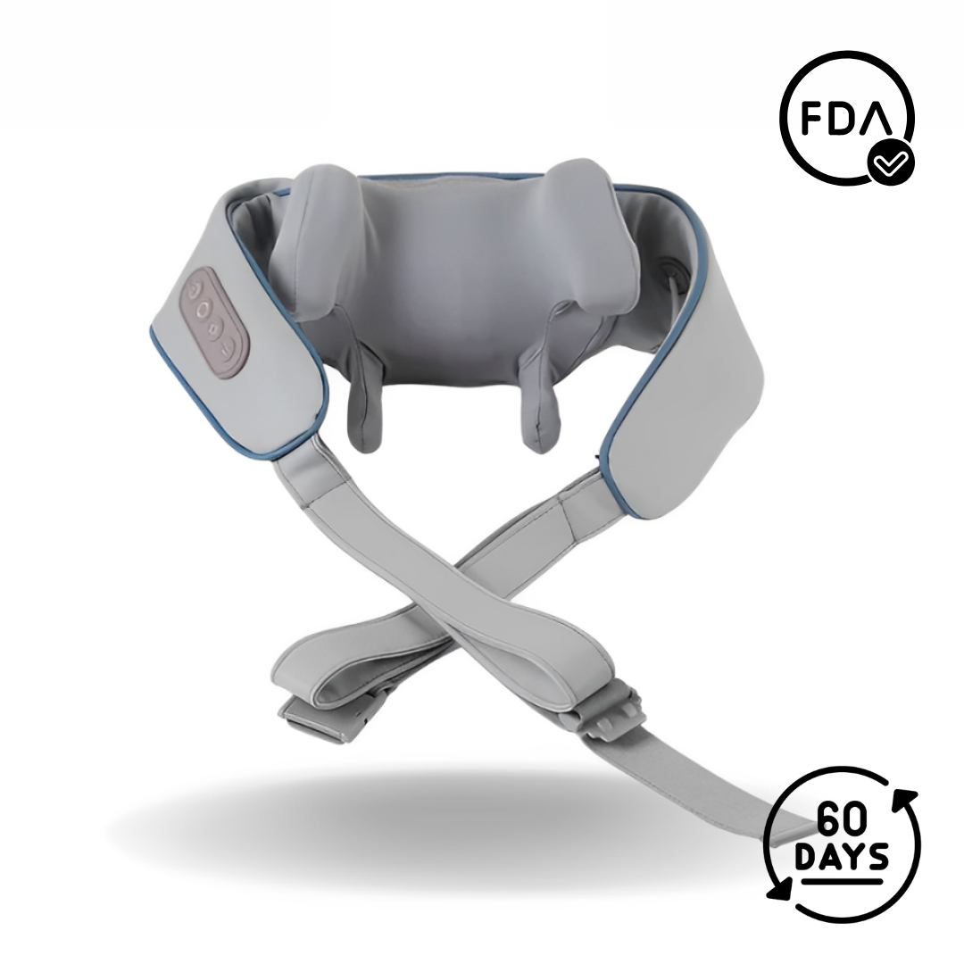 Gray TheraPexa neck and shoulder massager with ergonomic design, adjustable straps, and a visible 60-day satisfaction guarantee badge.