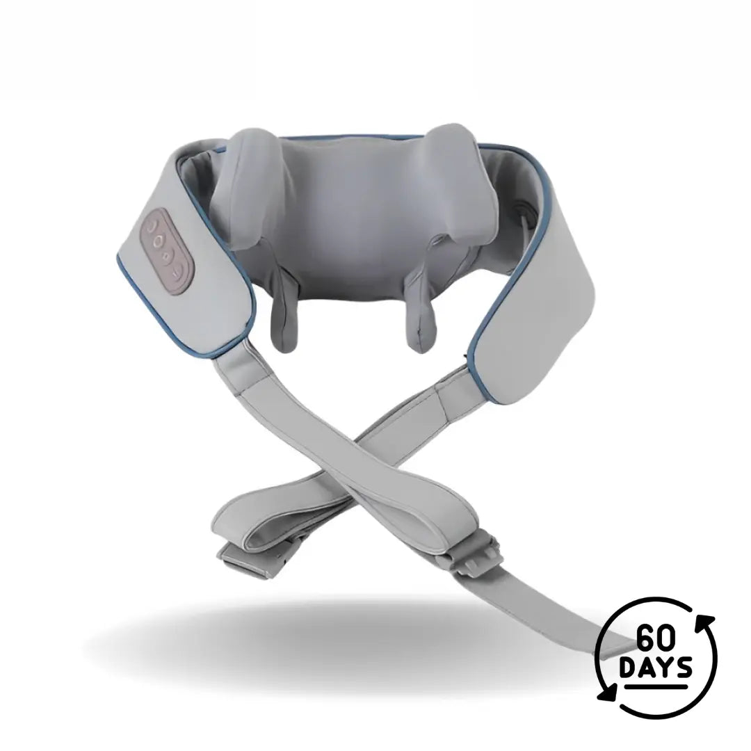 Gray TheraPexa neck and shoulder massager with ergonomic design, adjustable straps, and a visible 60-day satisfaction guarantee badge.