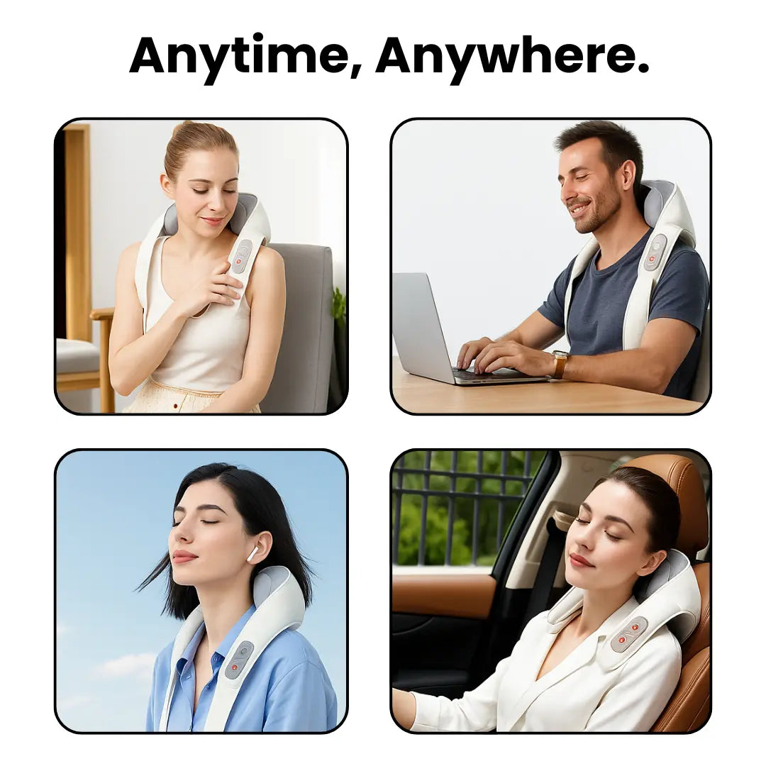 Collage of TheraPexa neck and shoulder massager being used in various settings, including at home, at a desk while working, outdoors, and in a car. Showcasing the cordless, hands-free design, ergonomic fit, and versatile use for stress relief and muscle relaxation.