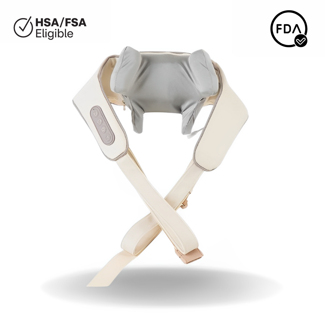 TheraPexa neck and shoulder massager in beige color with ergonomic design, adjustable straps, and a visible 60-day satisfaction guarantee badge.