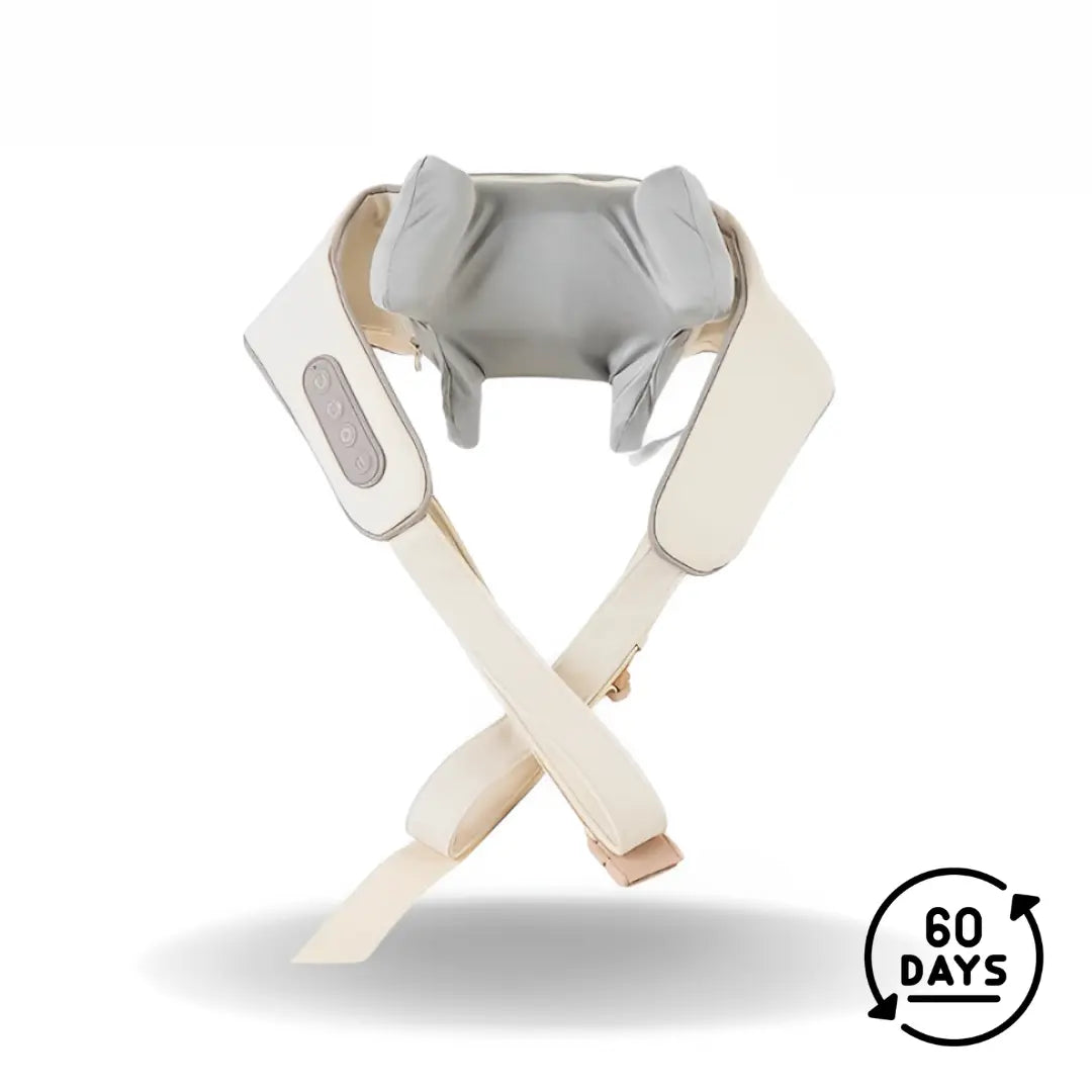 TheraPexa neck and shoulder massager in beige color with ergonomic design, adjustable straps, and a visible 60-day satisfaction guarantee badge.