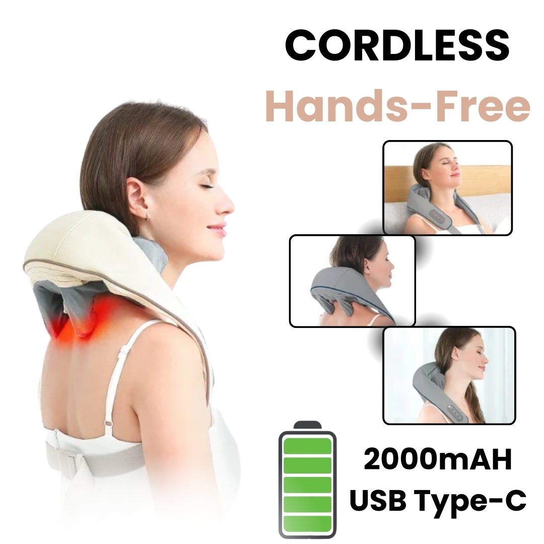 TheraPexa cordless neck and shoulder massager with hands-free design, 2000mAh battery, USB Type-C charging, and heat therapy for upper back pain relief.