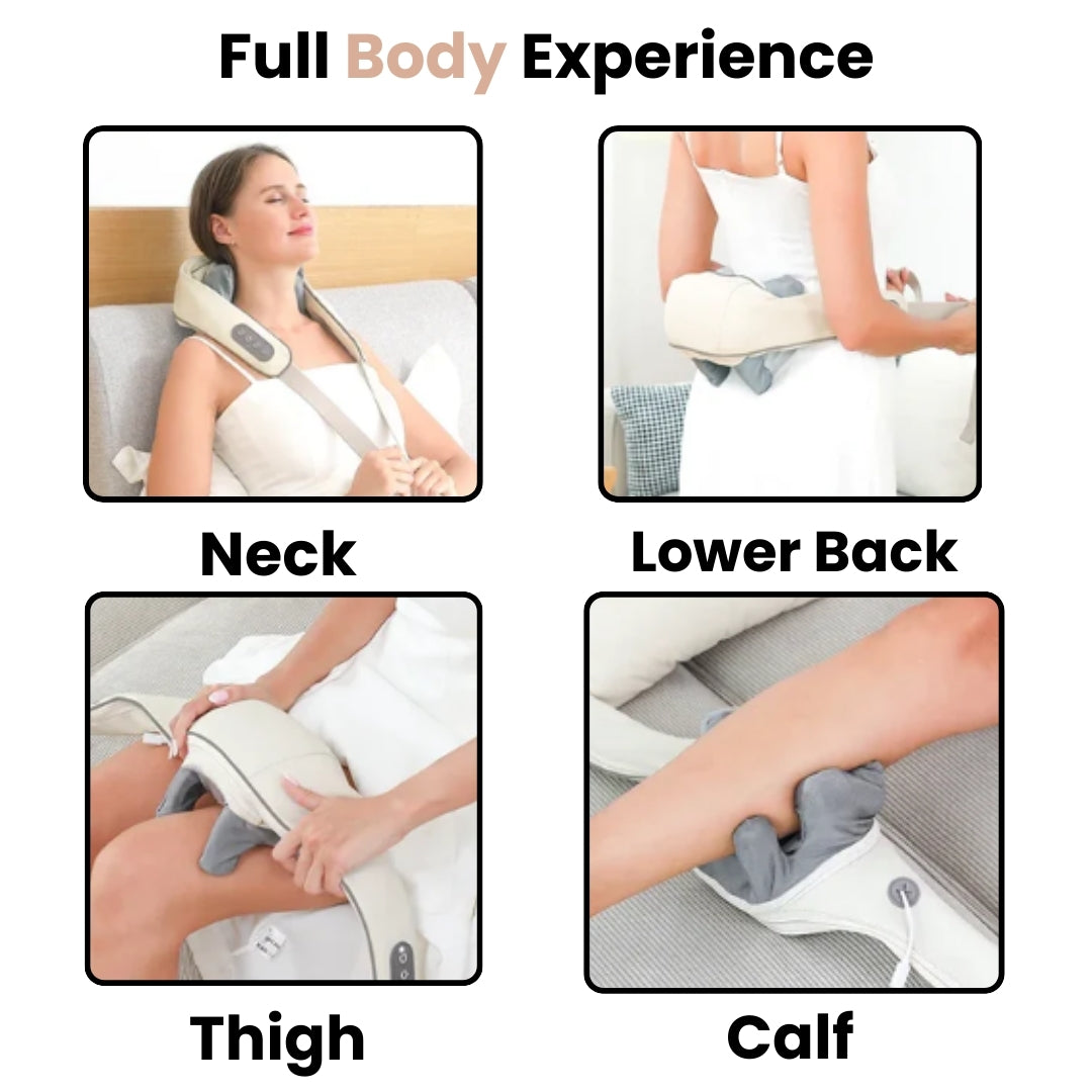 TheraPexa neck and shoulder massager demonstrating full-body use, including neck, lower back, thigh, and calf, showcasing its versatility for targeted muscle relief.