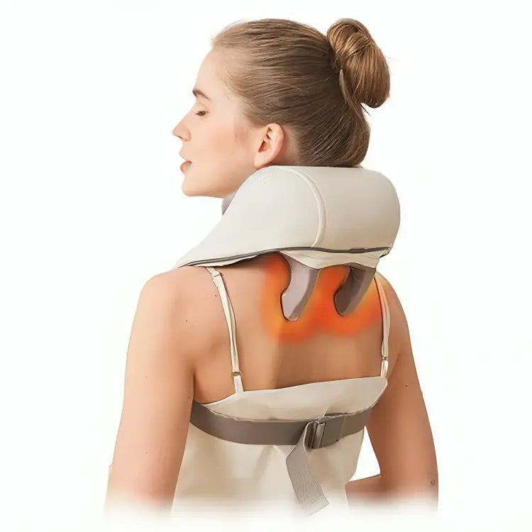 Woman using TheraPexa neck and shoulder massager with red heat zones targeting upper back and trap muscles for tension relief