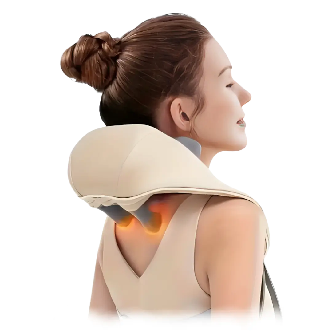 Woman enjoying a heated neck and shoulder massage with the TheraPexa cordless deep tissue massager, shown targeting upper back tension points.