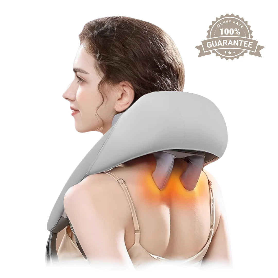woman using TheraPexa heated neck and shoulder massager with visible warmth effect and 100% money-back guarantee badge