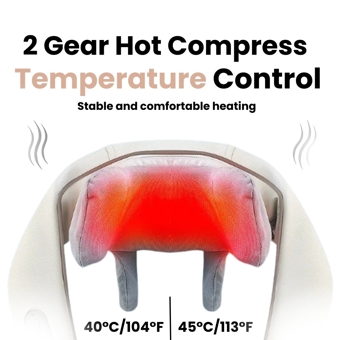 TheraPexa neck and shoulder massager with two-gear hot compress temperature control, providing adjustable heat therapy at 40°C (104°F) and 45°C (113°F) for comfortable muscle relief.