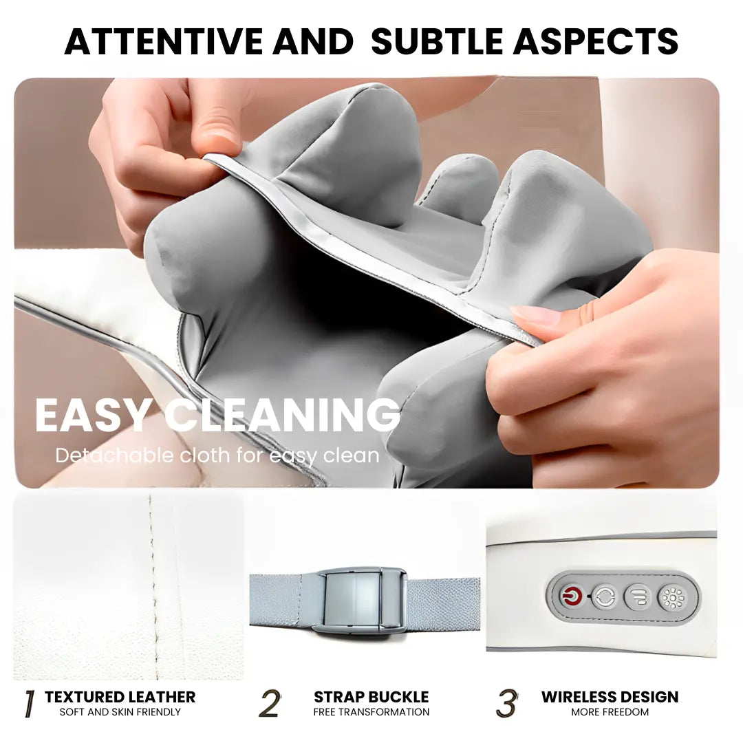 Close-up view of the TheraPexa neck and shoulder massager’s easy-cleaning removable cover, textured leather material, secure strap buckle, and wireless design, offering superior comfort and versatility.