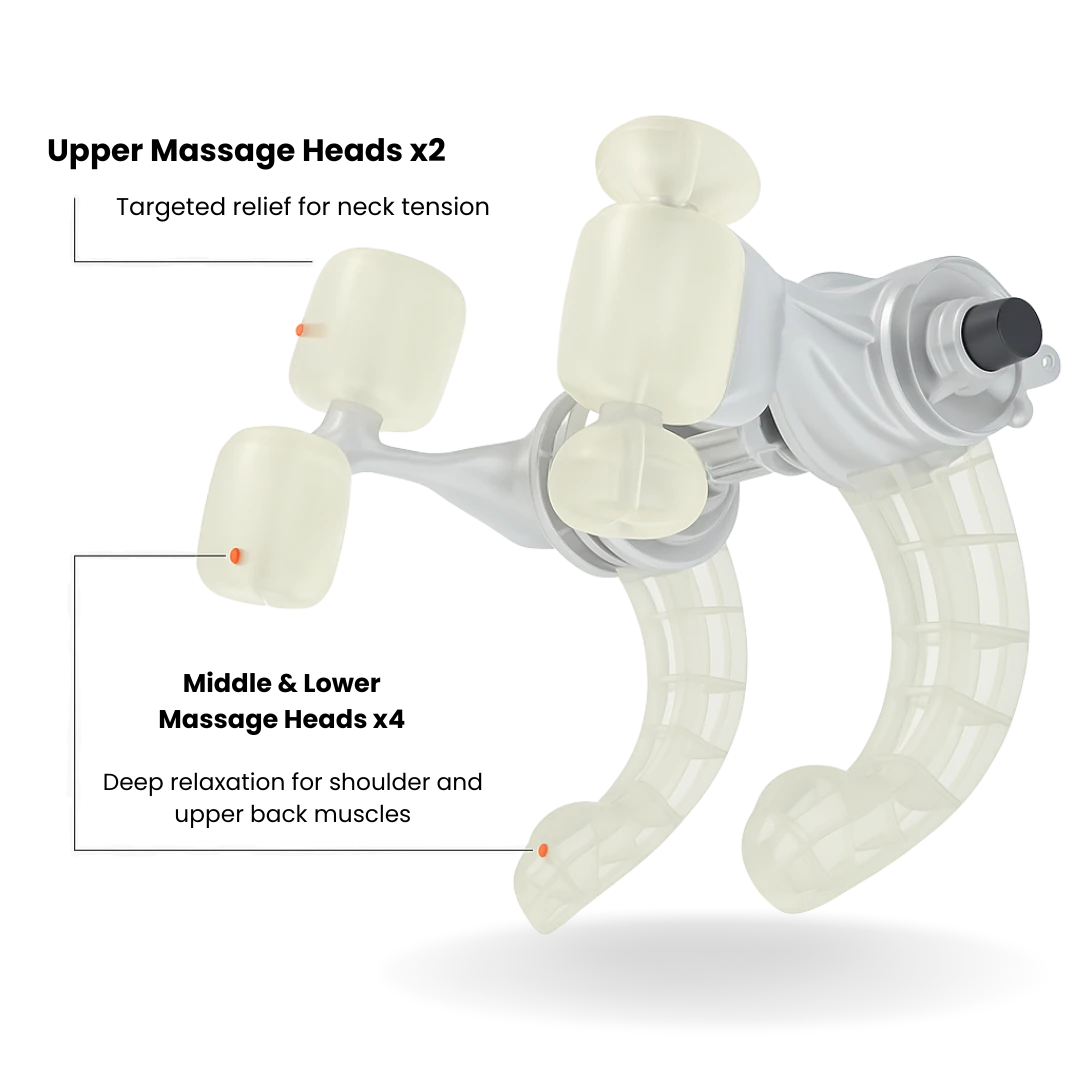 Close-up of TheraPexa massager’s internal rotating nodes and ergonomic arm design, showing deep tissue massage mechanism for neck and shoulder relief