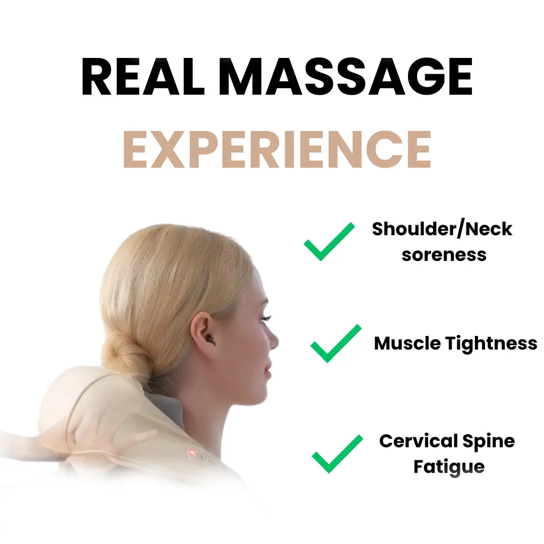 Woman using TheraPexa neck and shoulder massager for relief from shoulder soreness, muscle tightness, and cervical spine fatigue, showcasing its real massage benefits.