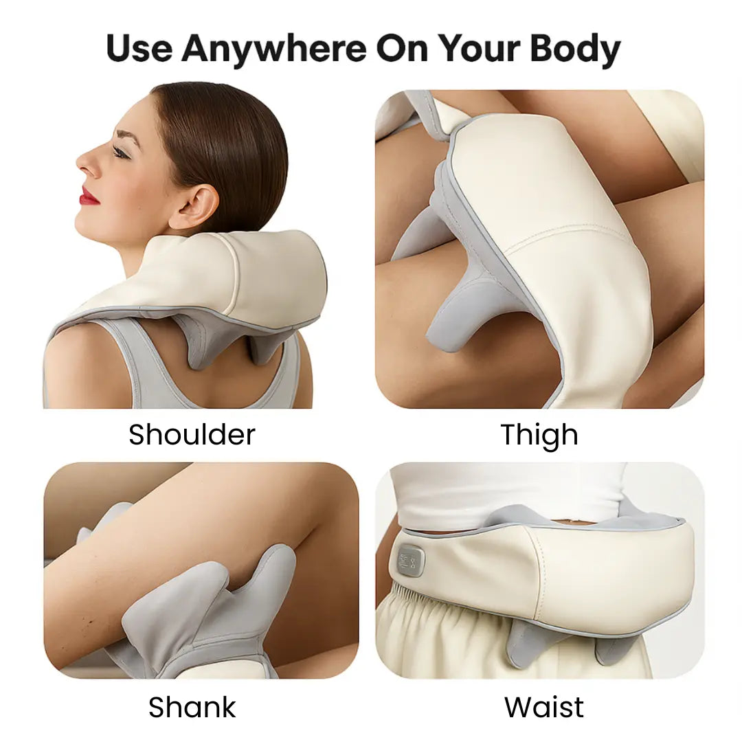 TheraPexa neck and shoulder massager used on multiple body areas, including shoulders, thighs, shank, and waist, highlighting its multi-purpose design for targeted pain relief.