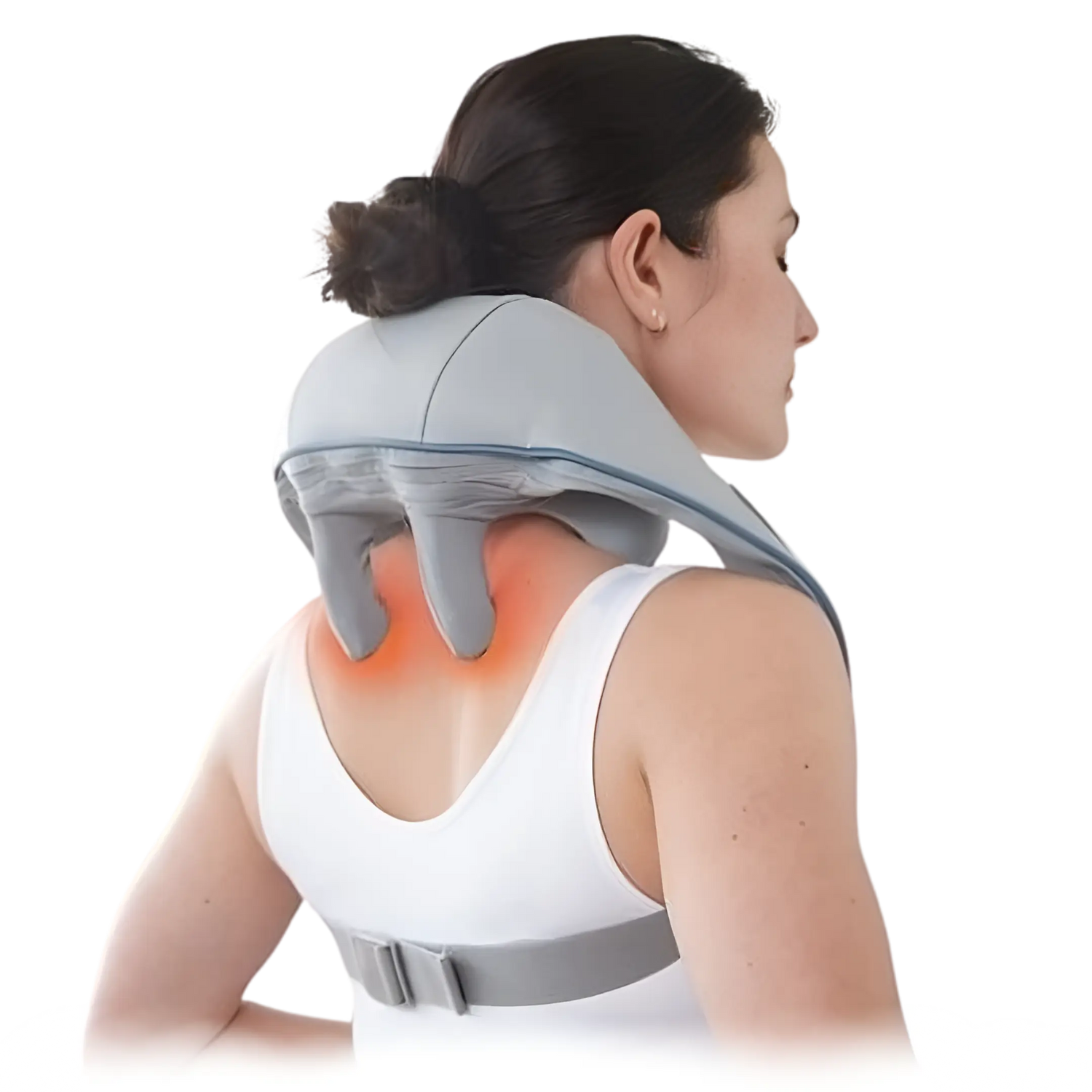 Woman wearing TheraPexa massager with visible heat therapy targeting neck and trap muscles for deep tissue pain relief