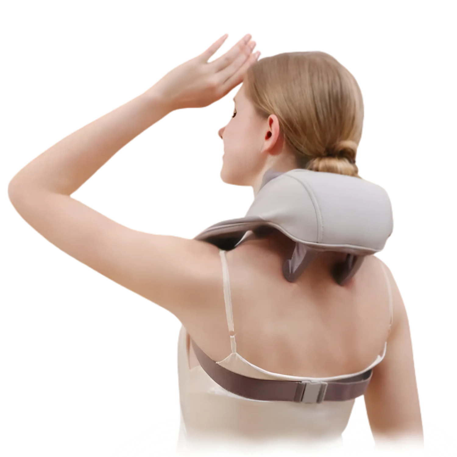 Back view of woman wearing TheraPexa neck and shoulder massager, showing ergonomic fit and hands-free strap design