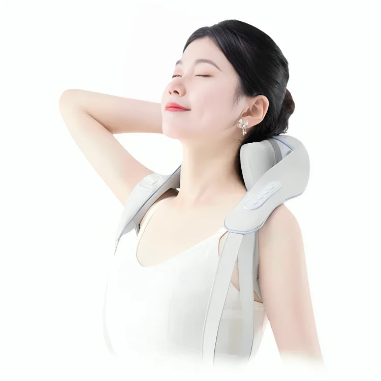 Woman using TheraPexa neck and shoulder massager with eyes closed, experiencing hands-free deep tissue relief for trap and upper back tension