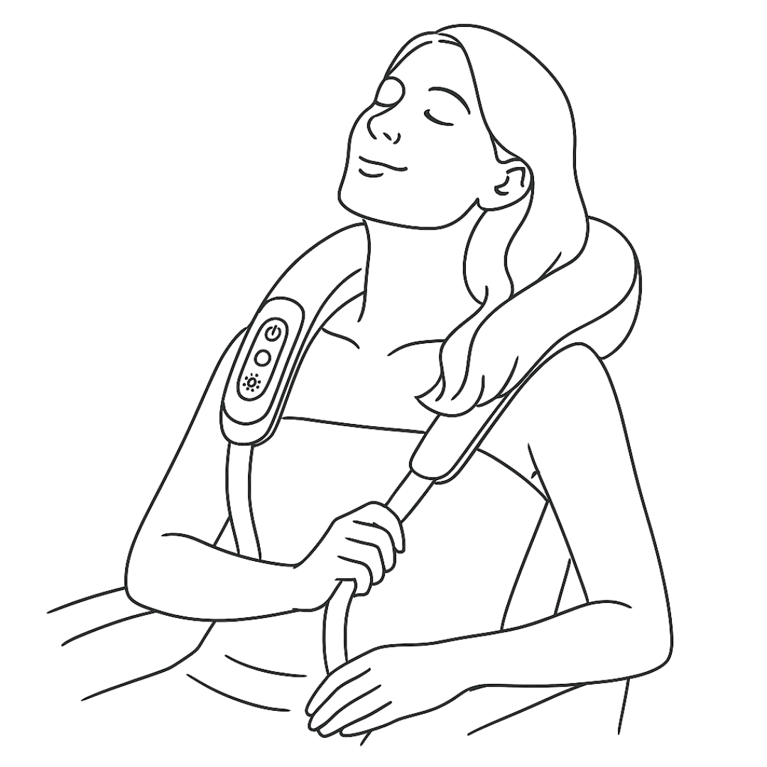 Line drawing of a woman using the TheraPexa neck and shoulder massager, showing the proper hand positioning and strap adjustment for targeted muscle relief.