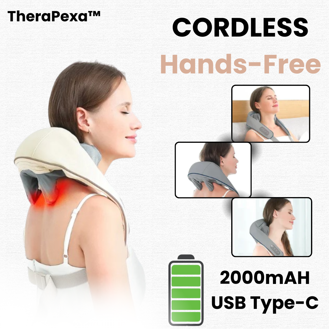 Cordless hands-free Neck and Shoulder Massager with 2000mAh battery life, USB Type-C charging, and a model using the device for ultimate relaxation and relief.