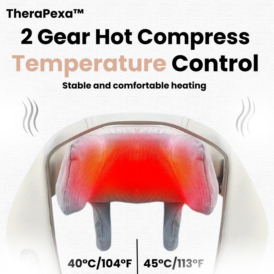 Neck and Shoulder Massager with 2-gear hot compress temperature control for stable and comfortable heating. The neck and shoulder massager is shown being heated up to 40°C (104°F) and 45°C (113°F) for optimal relaxation and relief.