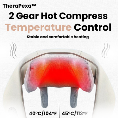 Neck and Shoulder Massager with 2-gear hot compress temperature control for stable and comfortable heating. The neck and shoulder massager is shown being heated up to 40°C (104°F) and 45°C (113°F) for optimal relaxation and relief.