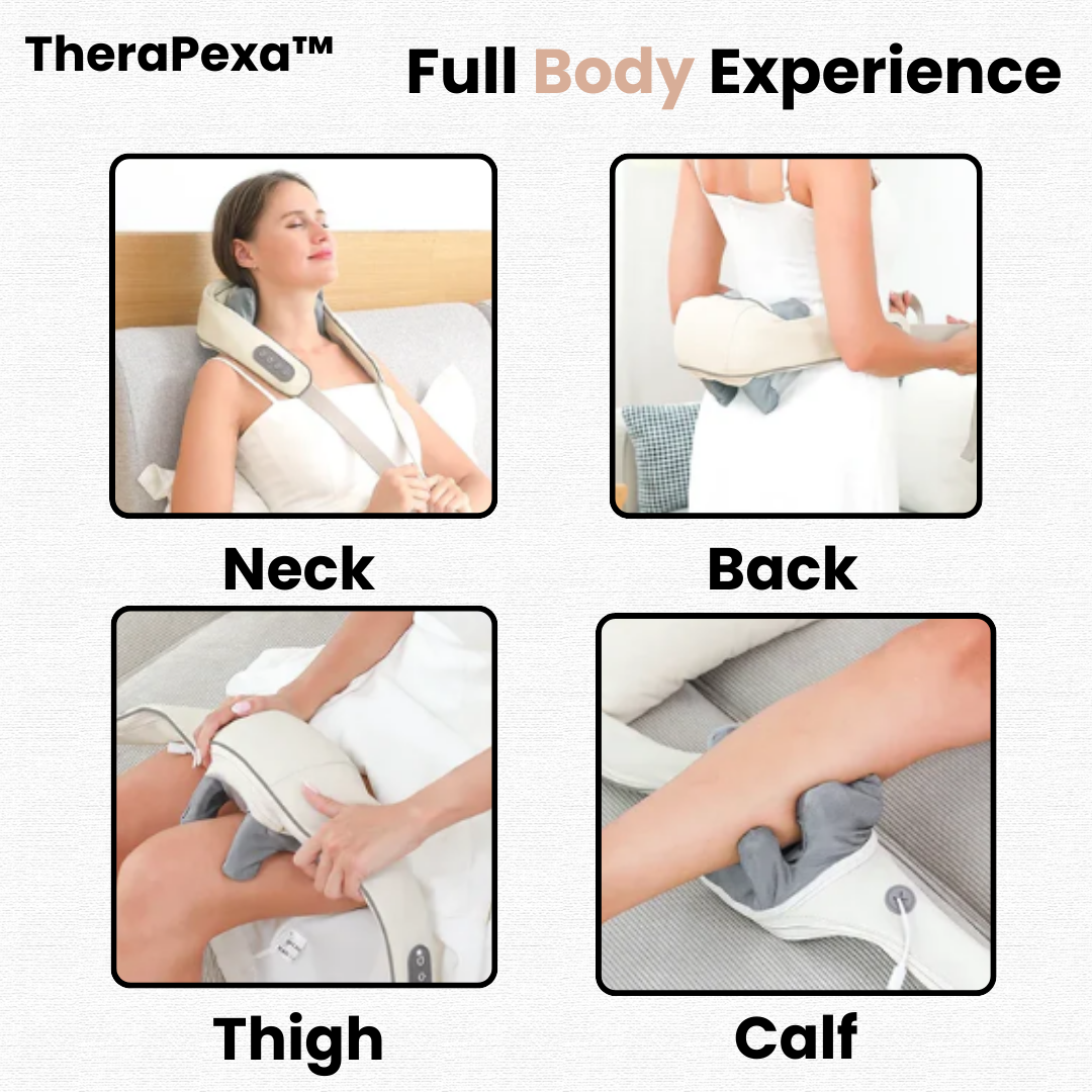 Image showcasing the full-body experience with TheraPexa™ Neck and Shoulder Massager. The image features a person using the massager on their neck, shoulders, and upper back, providing targeted relief and relaxation to those areas.