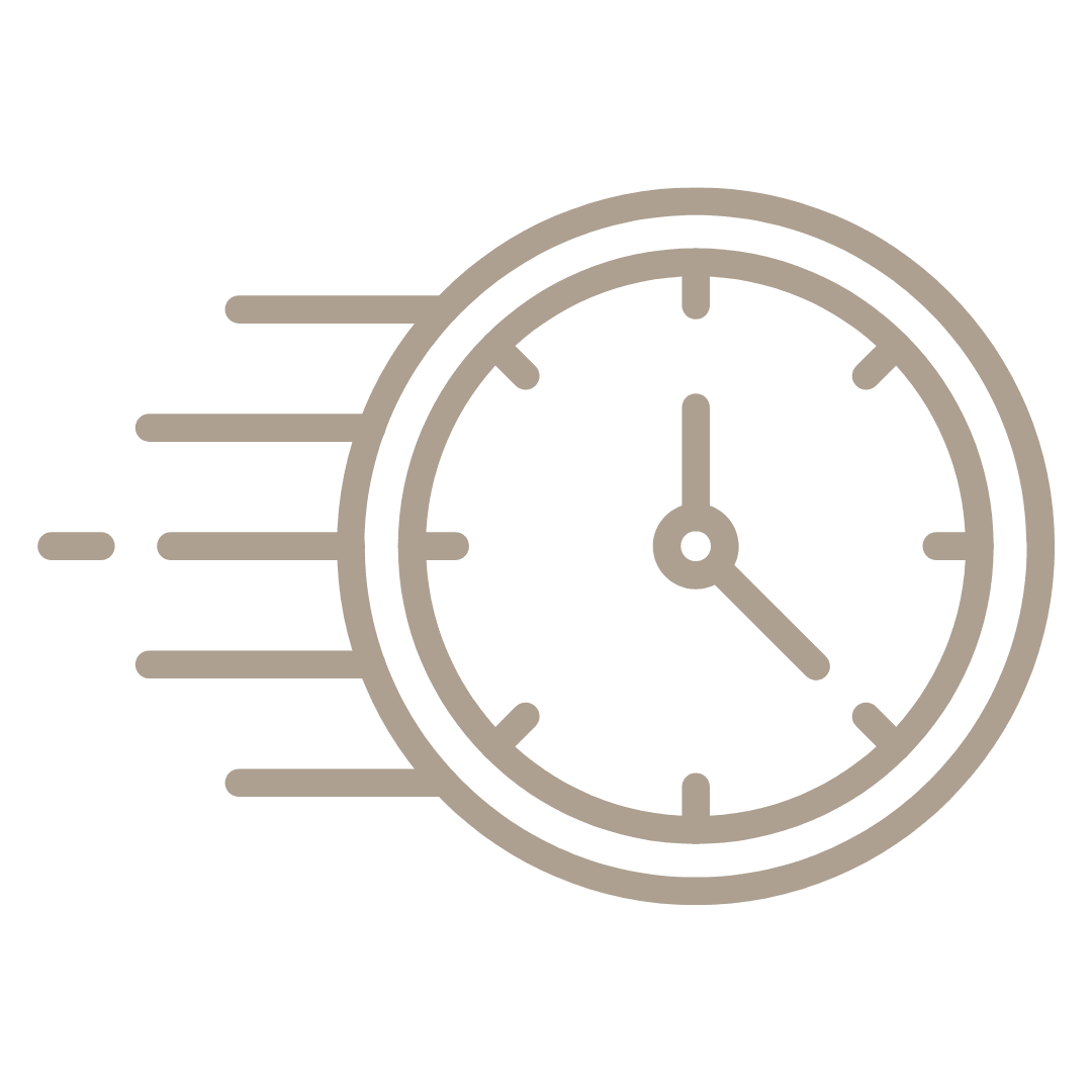Speed icon showing clock with motion lines, symbolizing fast relief and time-saving therapy from neck and shoulder massager