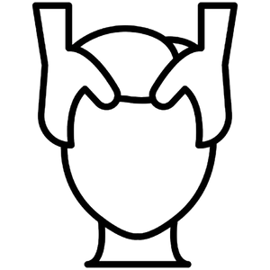 Massage icon of hands applying pressure to head, symbolizing soothing relief and tension reduction similar to a real massage
