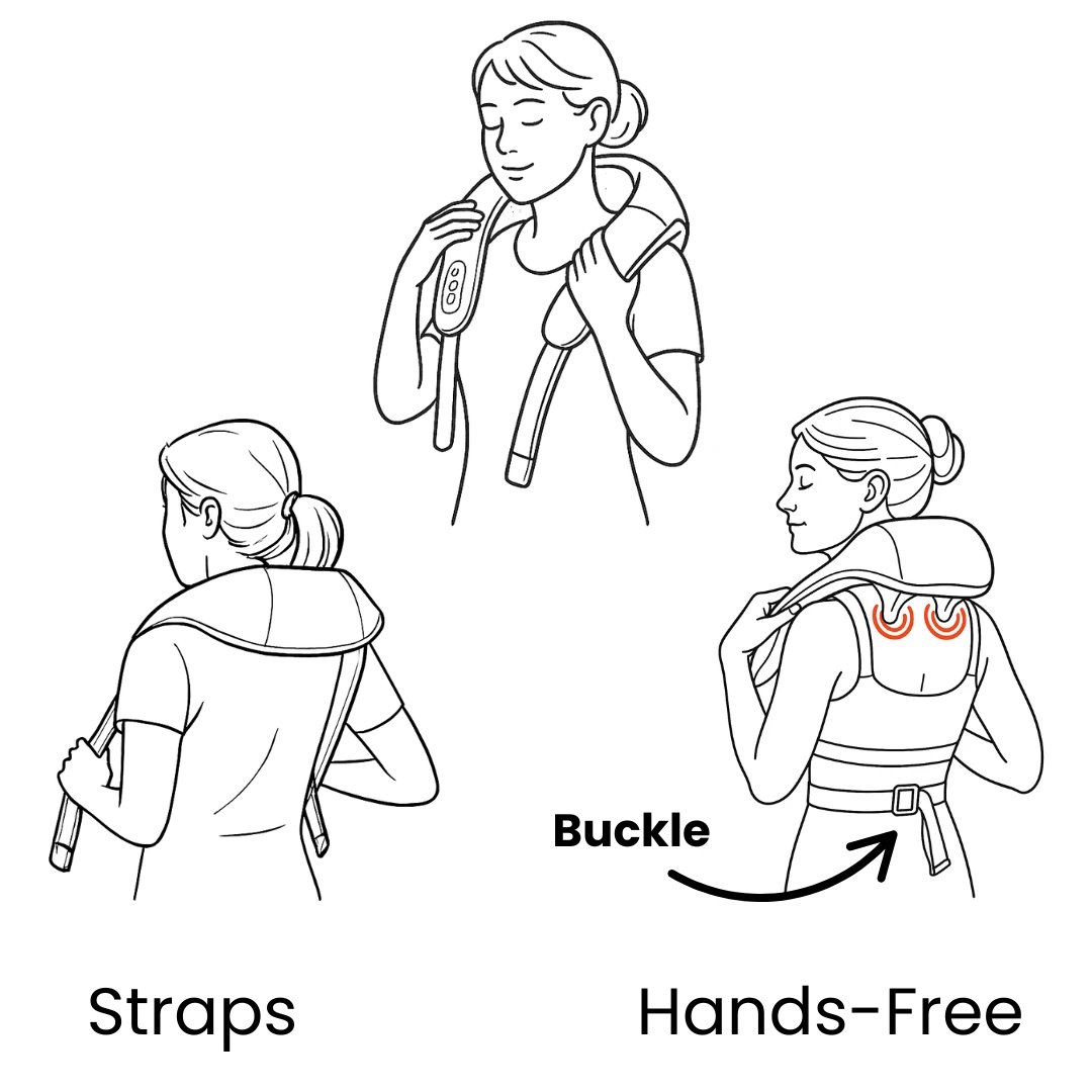 Illustration showing how to wear the TheraPexa neck and shoulder massager, including strap adjustment and heated massage zones targeting upper back muscles.