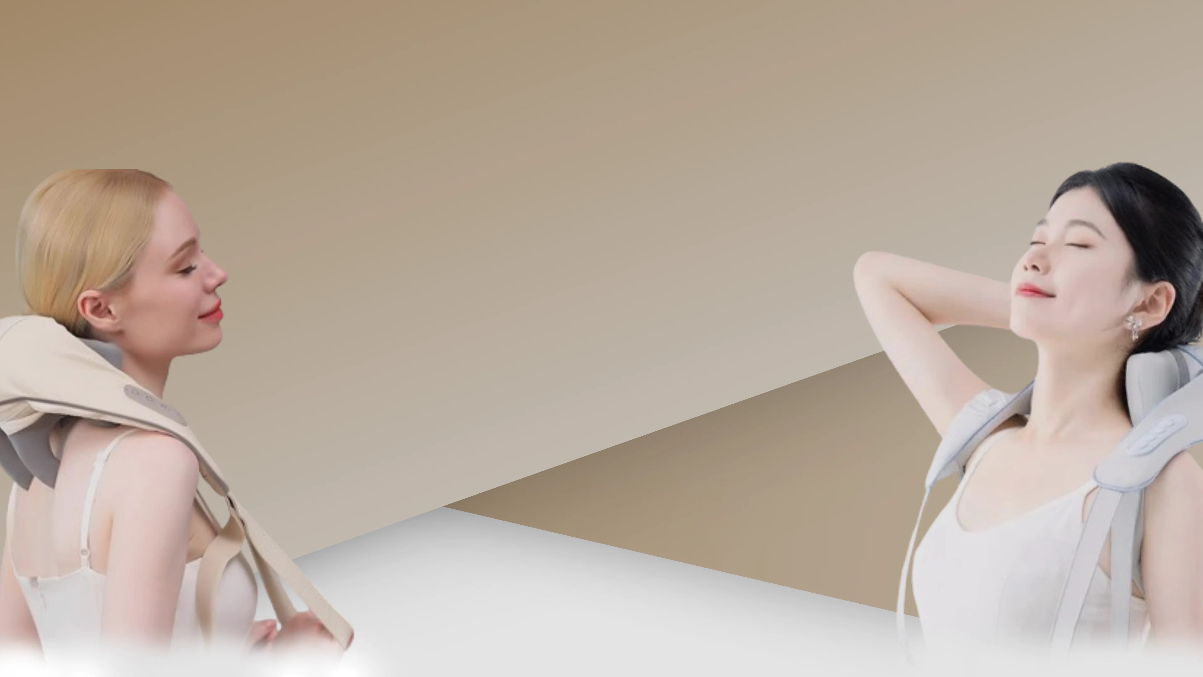 two women relaxing while wearing cordless neck and shoulder massagers in a soft, neutral-toned setting. One woman has the beige device draped over her shoulders with visible shoulder straps, while the other leans back with her arms raised behind her head, eyes closed in relief. emphasizes ergonomic, hands-free design for deep tissue massage, targeting tension in the traps and upper back.