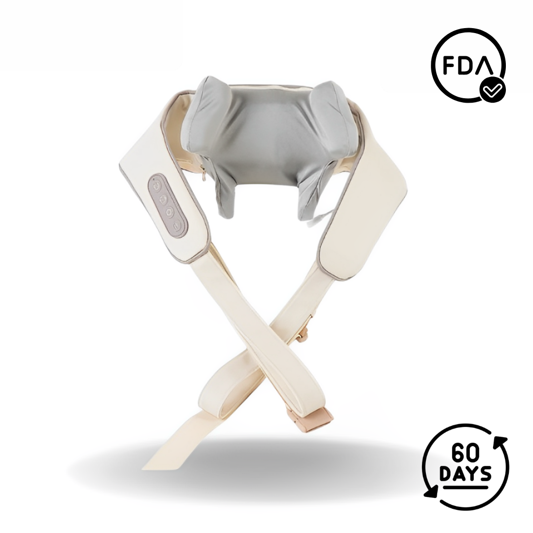 TheraPexa neck and shoulder massager in beige color with ergonomic design, adjustable straps, and a visible 60-day satisfaction guarantee badge.