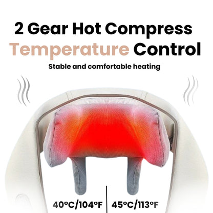 TheraPexa neck and shoulder massager with two-gear hot compress temperature control, providing adjustable heat therapy at 40°C (104°F) and 45°C (113°F) for comfortable muscle relief.