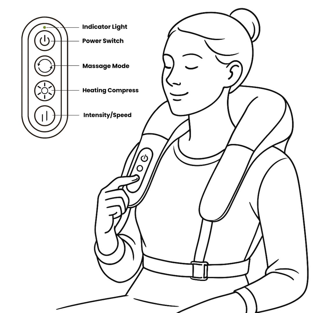 Illustration showing how to operate the TheraPexa neck and shoulder massager using its built-in control panel, including buttons for power, heat, direction, and intensity.