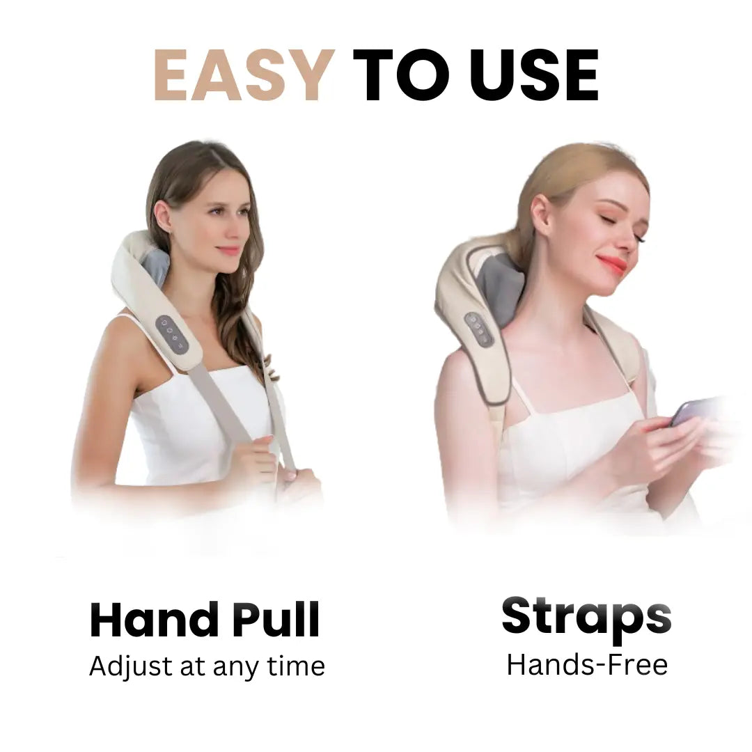 Two women demonstrating the TheraPexa neck and shoulder massager's easy-to-use design, featuring adjustable hand-pull straps for hands-free comfort.