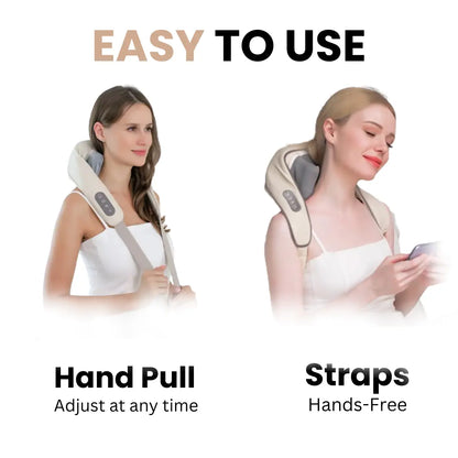 Two women demonstrating the TheraPexa neck and shoulder massager's easy-to-use design, featuring adjustable hand-pull straps for hands-free comfort.