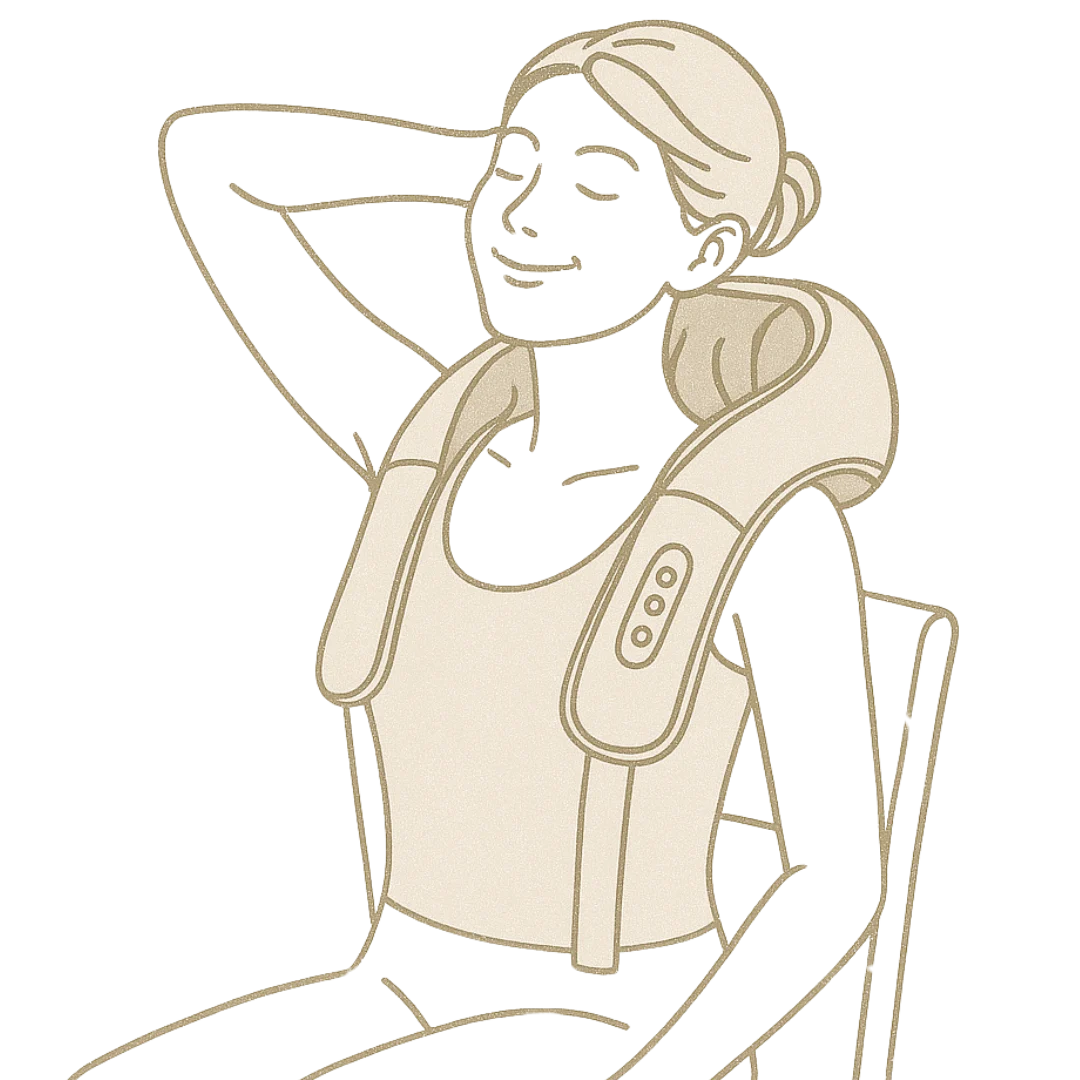 Illustration of woman using TheraPexa neck and shoulder massager while seated, relaxing with hands-free deep tissue relief.