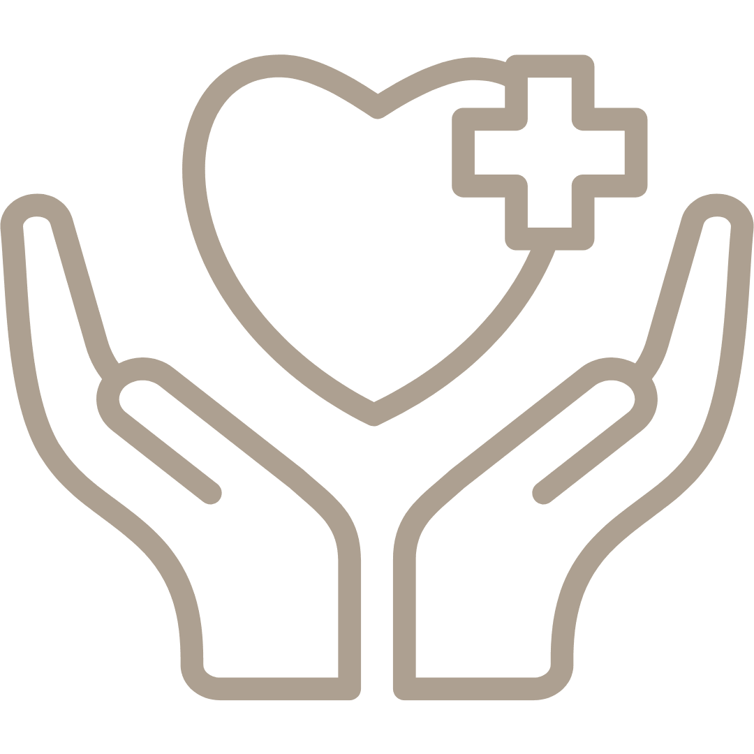 Wellness icon showing hands holding heart with medical cross, symbolizing holistic care and therapeutic relief.